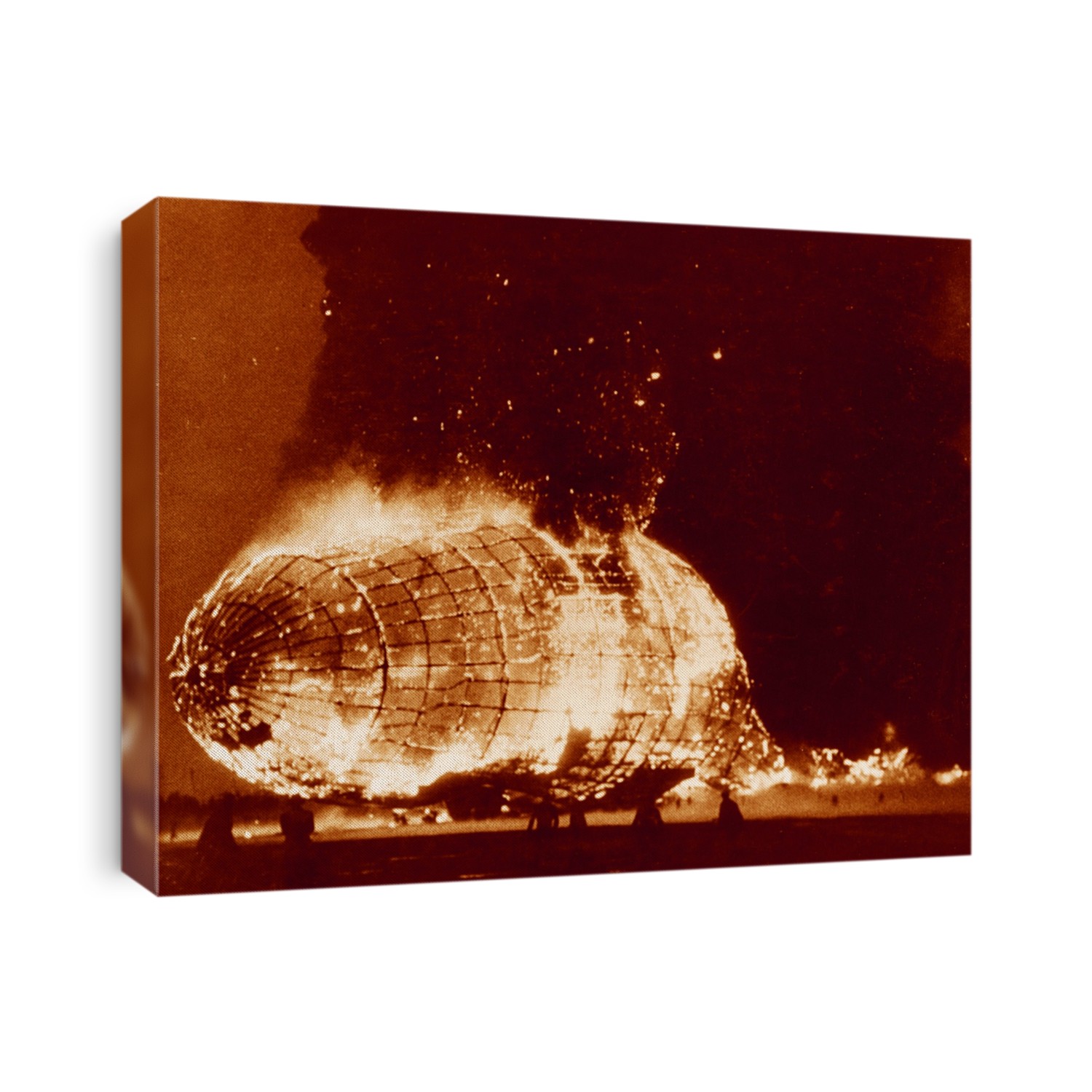 Hindenburg disaster, coloured image. Bow of the German airship Hindenburg (LZ 129) on fire after crashing at Naval Air Station (NAS) Lakehurst, New Jersey, USA, on 6th May 1937. This airship is famous for the Hindenburg disaster of 6th May 1937, when it caught fire and was destroyed during its attempt to dock with its mooring mast at NAS Lakehurst. Of the 97 crew and passengers on board 35 were killed, along with one member of the ground crew. The balloon was filled with hydrogen, a highly flammable gas. The cause of the accident has never been established but the disaster destroyed public confidence and marked the abrupt end of the airship era.